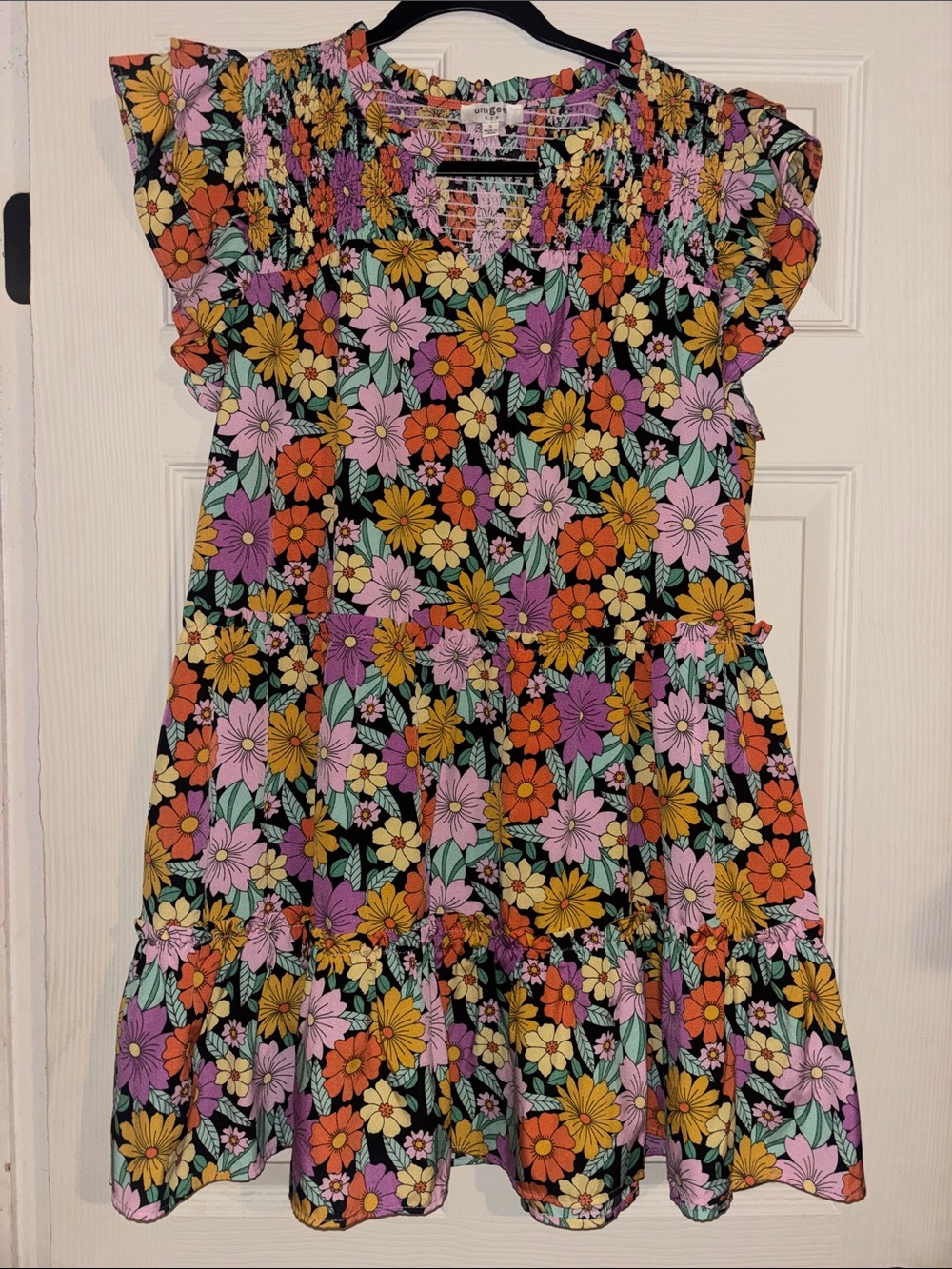 Umgee Black Floral Smocked Neck Dress with Pink, Orange‎ & Yellow Flowers Small